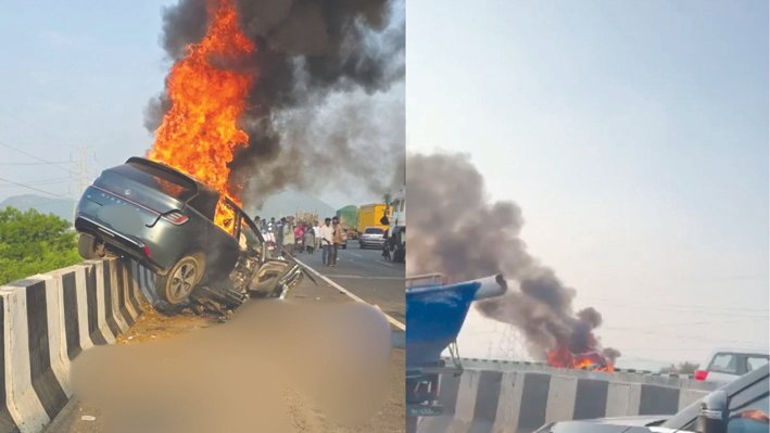 Four of a Family Killed as Electric Car Rams Divider on Vijayawada Bypass